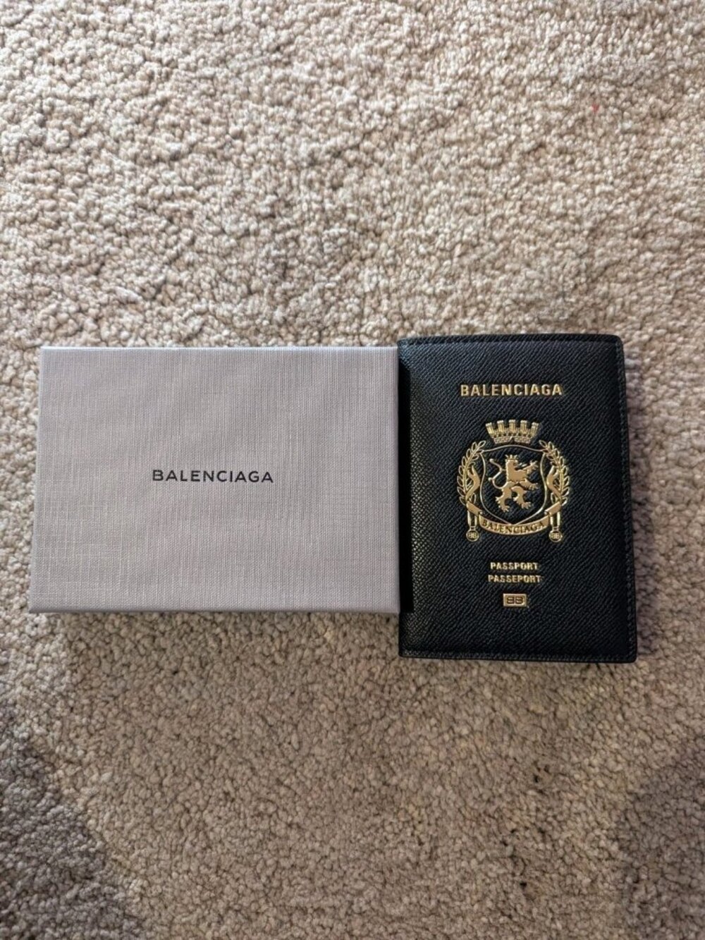 BALENCIAGA Black Leather Passport Holder Gold Crest Logo Travel Wallet With Box